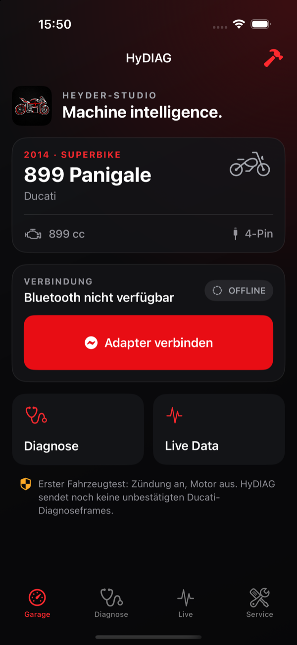 HyDIAG-App mit Ducati-Diagnoseansicht im iPhone-Simulator